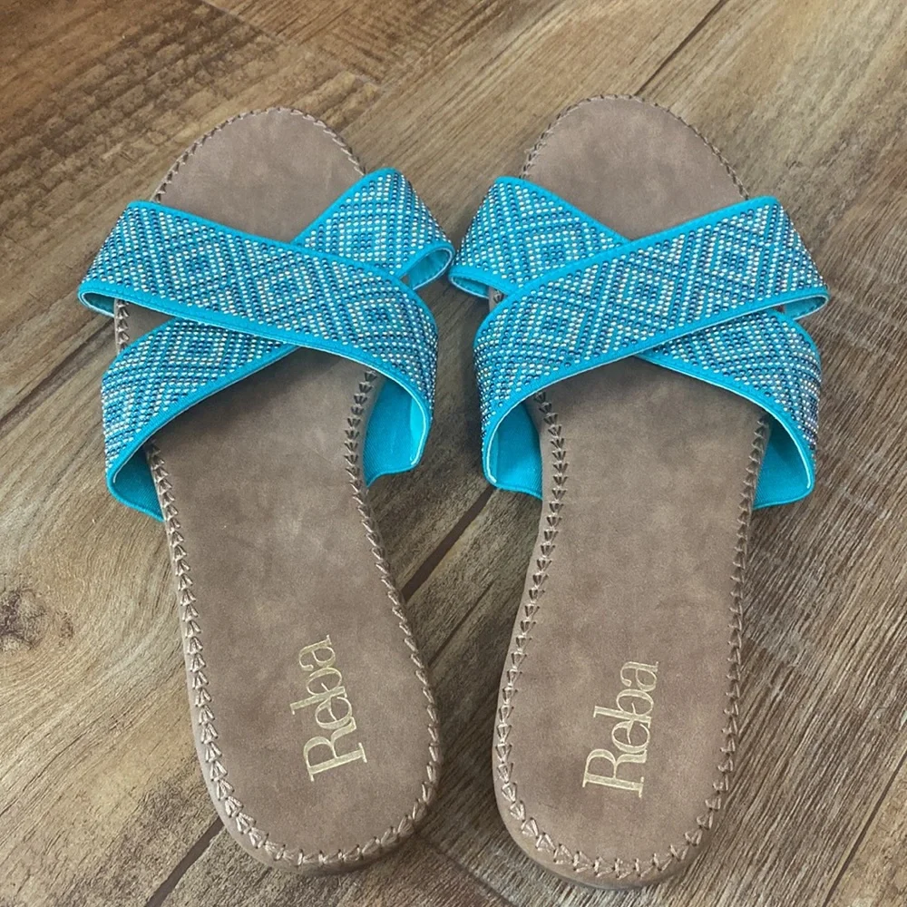 Reba Turquoise Cross Band Silver & gold Beaded Slide Sandals slides size 8